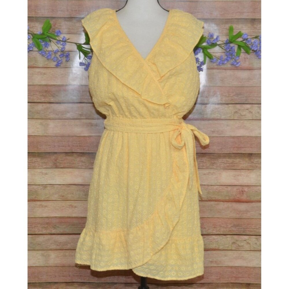 LC Lauren Conrad Womens M Yellow Eyelet Wrap Dress Ruffled Easter Summer Ties